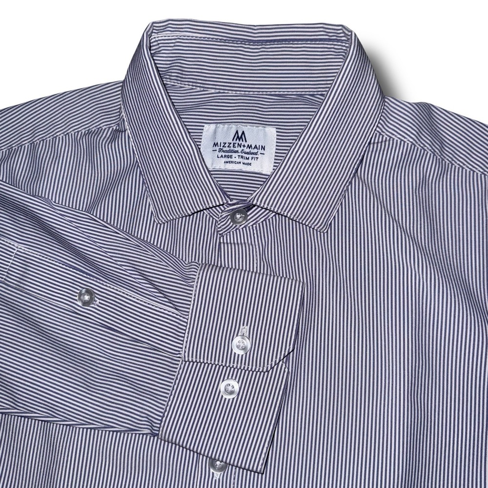 MIZZEN MAIN Shirt Men Large Stripe Trim Fit L/S USA Made Stretch Lightweight